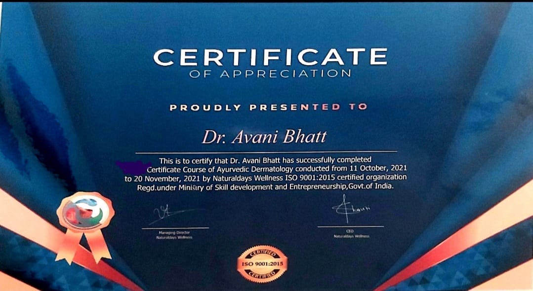 Ayurvedic Certificate Dr. Avani Bhatt