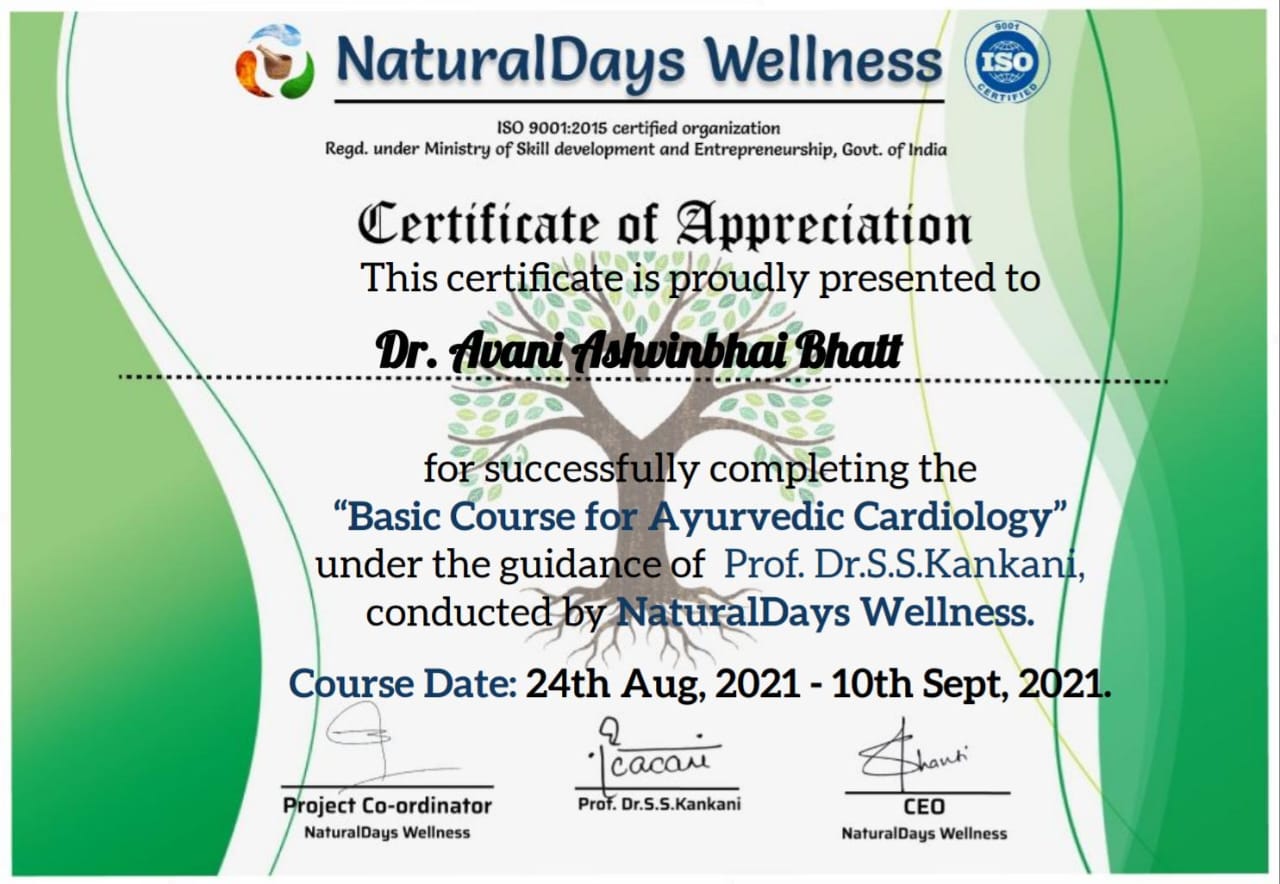 Ayurvedic Certificate Dr. Avani Bhatt